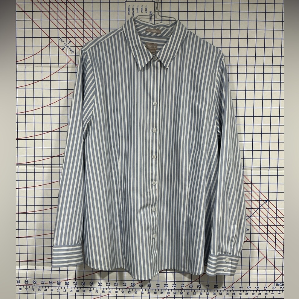 Chico's SZ 3  Blue and White striped Button Down Shirt